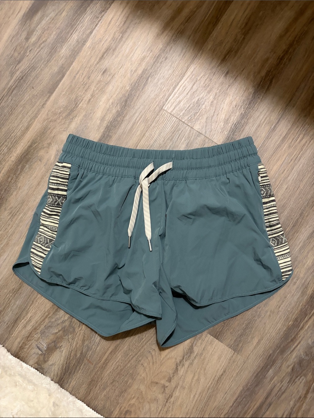 Women’s Teal Drawstring Athletic Shorts with Patterned Side Panels